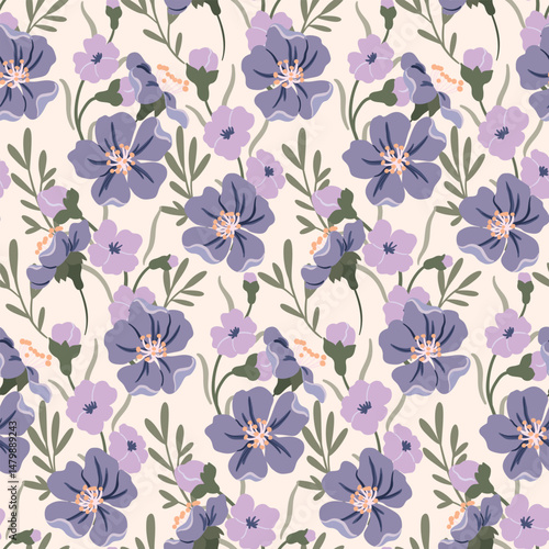 Seamless floral pattern, delicate ditsy print with gentle wild garden. Repeating botanical design of small hand drawn purple flowers, tiny leaves, twigs on light field. Vector illustration.