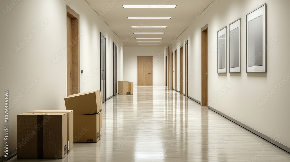 Obraz premium A hallway with boxes and a door