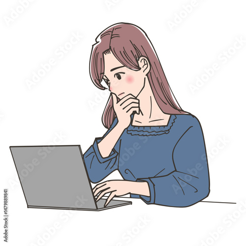 ノートパソコンで調べ物をしている女性