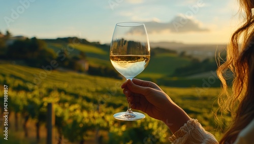 Fototapeta Naklejka Na Ścianę i Meble -  Wine glass at sunset over vineyards