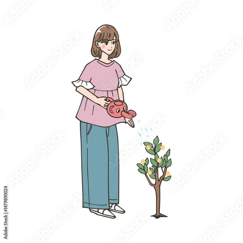 お金のなる木に水をやっている女性