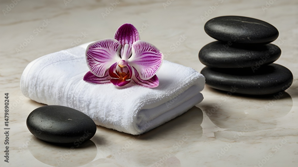Fototapeta premium Cut-out style image on white background: neatly folded white spa towels with a natural handmade soap bar, delicate orchid flower, and smooth black massage stones,Generative Ai 