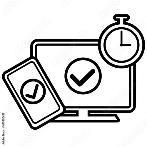 パソコンとスマートフォンと時計のイラスト　タイムカードのシステムのアイコンイラスト