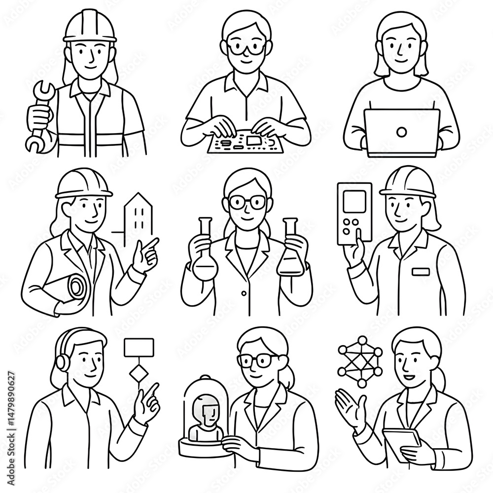 Female STEM & Engineering Icons – Mechanic, Programmer, Scientist & Support Pack Female STEM & Engineering Icons – Mechanic, Programmer, Scientist & Support Pack