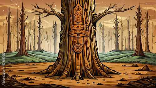 A weathered tree trunk stands alone, its bark etched with timeworn carvings that whisper stories of the past. Each groove and symbol adds character and mystery to its rugged surface.

