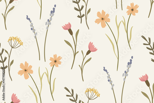 Seamless floral pattern, delicate ditsy print of small hand drawn wildflowers. Feminine botanical design of tiny wild flowers, leaves, herbs in pastel colors. Vector illustration.