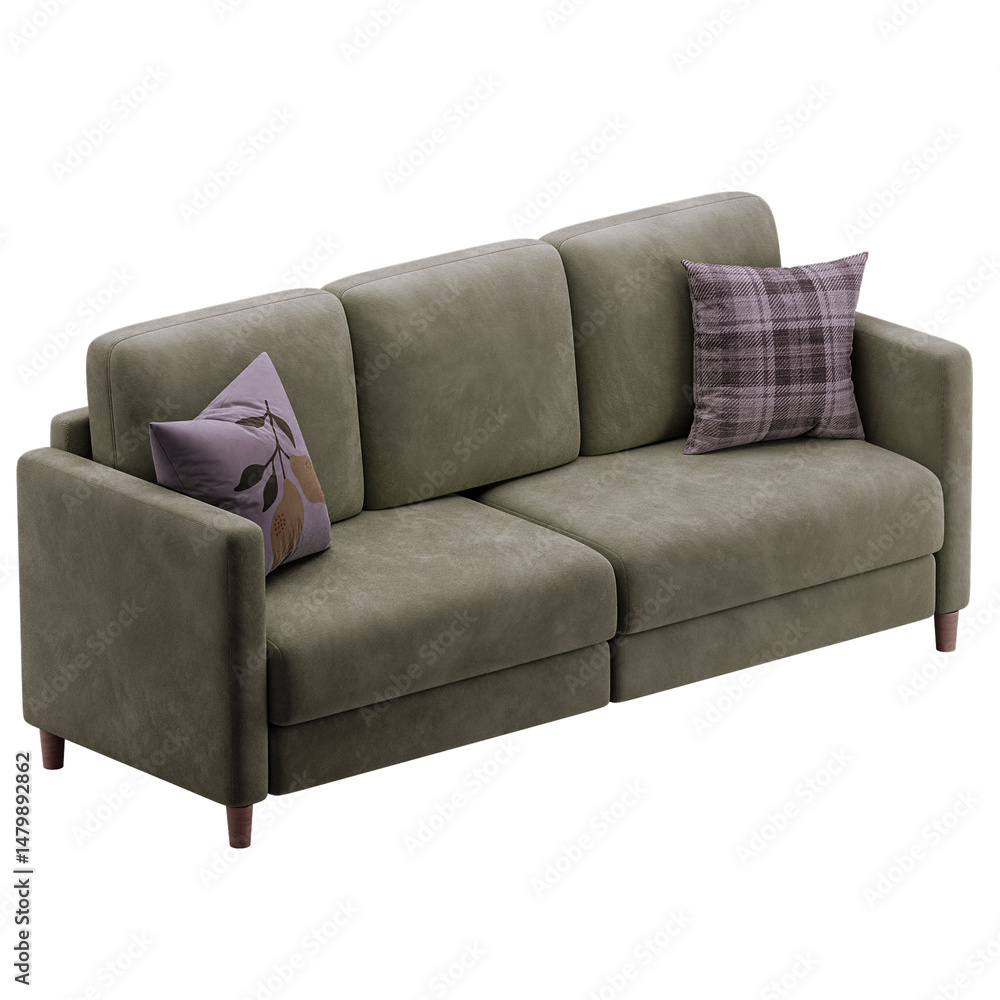 Naklejka premium A grey couch with a purple pillow on the left side and a purple