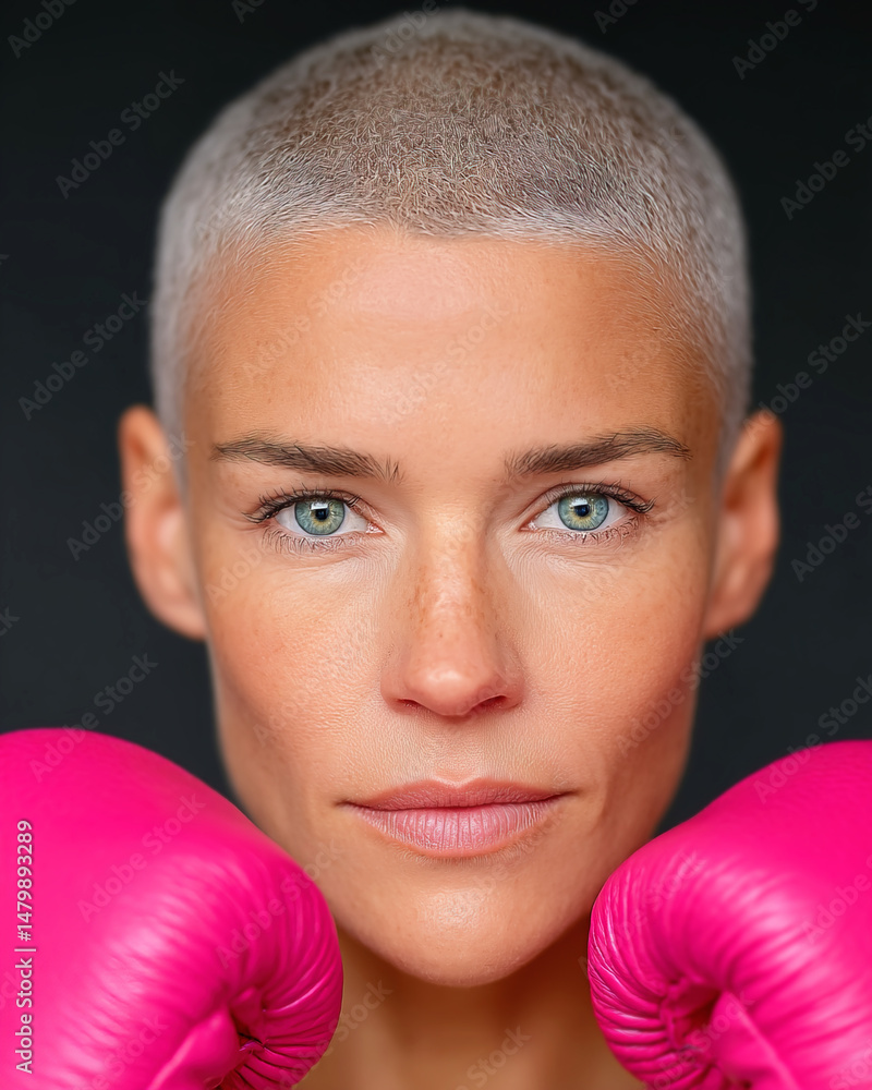 Confident woman with shaved head in pink boxing gloves embodies strength in dark gym lighting Confident woman with shaved head in pink boxing gloves embodies strength in dark gym lighting