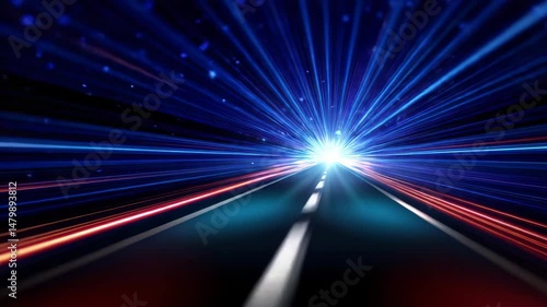 Light speed effect road with glowing blue and red streaks creating dynamic motion and futuristic