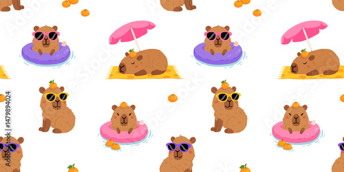 Cute vector cartoon background with relaxed capybara with sunglasses swimming on an inflatable ring with oranges, sunbathing, sleeping under umbrella on the beach. Fun summer seamless pattern