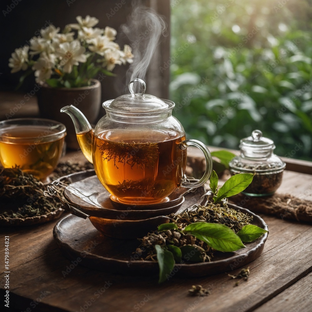 A hot cup of traditional green tea with mint and a teapot, a healthy herbal beverage A hot cup of traditional green tea with mint and a teapot, a healthy herbal beverage