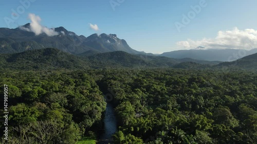 Voo sobre floresta de  mata atlântica com conjunto de montanhas morro do sete e serra da graciosa ao fundo