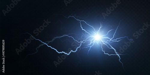 Bright blue lightning flash with glowing electric arcs on dark transparent background. Energy discharge effect for sci-fi interfaces, storm scenes, or power visuals.

