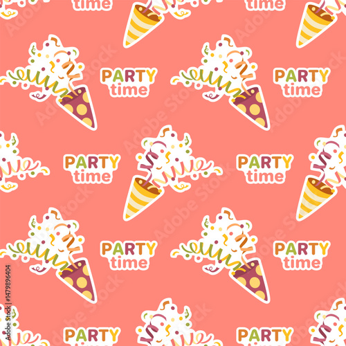 Seamless pattern happy birthday sticker, clapper with confetti and streamers on bright background. Birthday, holiday, celebration, celebration, holiday, congratulations, invitation. Vector.