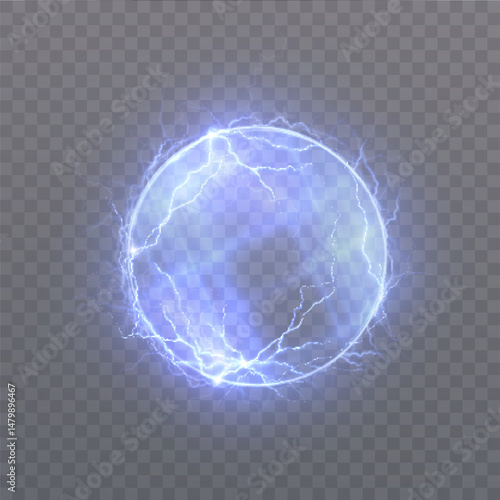 Glowing blue electric circle with pulsed lightning discharges on a transparent background. Suitable for effects in games, interfaces, rhythms, sci-fi and magic scenes.
