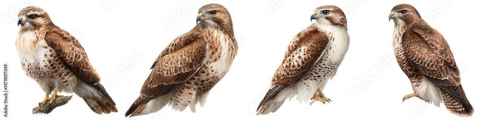 Obraz premium Group of four hawks perched surface, showing different angles and postures, with detailed feathers and sharp eyes, isolated transparency