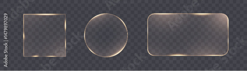 Glowing golden light frame set in various geometric shapes on transparent background. Vector illuminated borders for futuristic interfaces, app UI, digital HUD panels and modern design.

