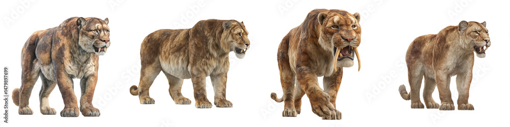 Fototapeta premium Sequence of four realistic lion illustrations showing different postures and expressions, including walking and roaring, on transparent background
