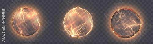 Vector bright yellow electric sphere with glowing lightning and plasma energy effect. Abstract visualization of atomic charge or nuclear energy on transparent background.