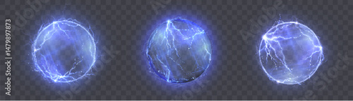 Blue electric sphere with glowing lightning bolts and plasma energy effect. Abstract atomic charge or nuclear power visualization on transparent background.

