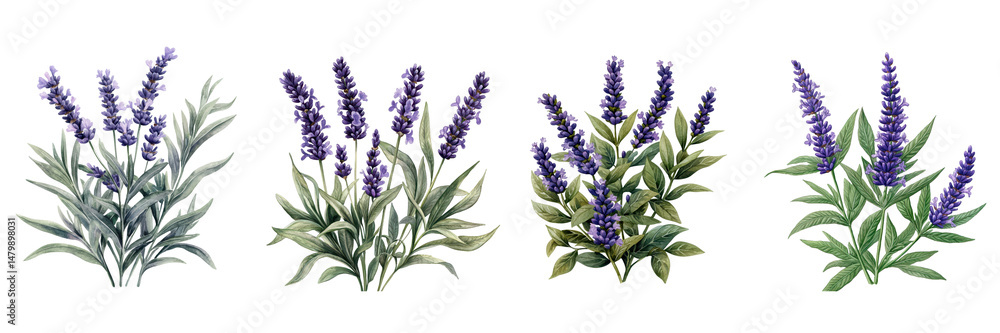 Fototapeta premium Collection of Four Watercolor Lavender Bush Illustrations Botanical Designs for Herbal Product Packaging