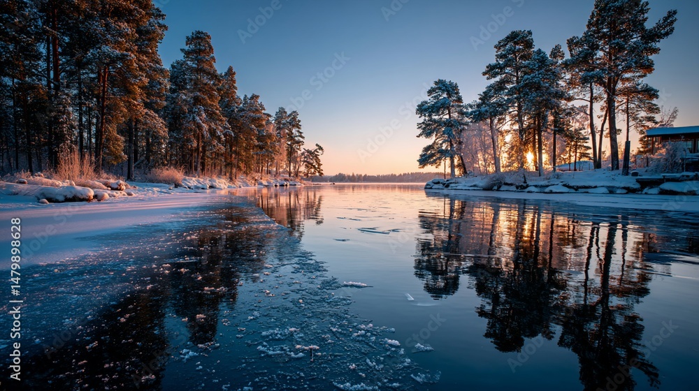 Fototapeta premium Winter sunrise over frozen lake. Snowy forest reflected in still water