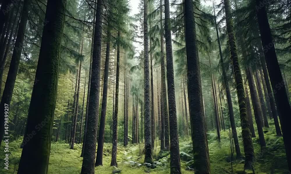 Foggy forest with tall trees and soft sunlight filtering through the canopy, creating a peaceful and serene natural woodland atmosphere. Foggy forest with tall trees and soft sunlight filtering through the canopy, creating a peaceful and serene natural woodland atmosphere.