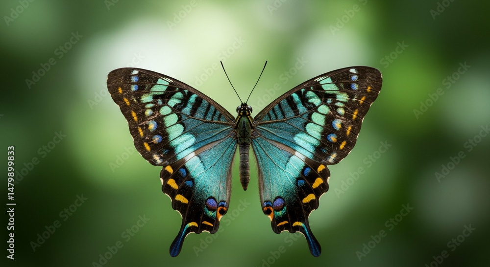 Obraz premium Stunning Blue and Black Butterfly on Green Background Vivid Insect Wings Nature Macro Photography