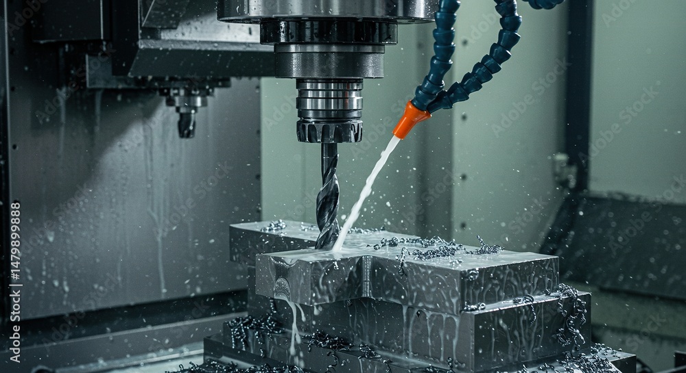 Precision metal drilling process using a modern CNC machine with coolant Precision metal drilling process using a modern CNC machine with coolant