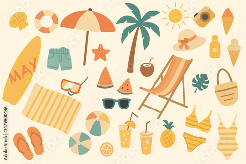 Set of vector icons with beach vacation elements in flat style. Suitable for summer infographics, posters, travel apps and web banner design.