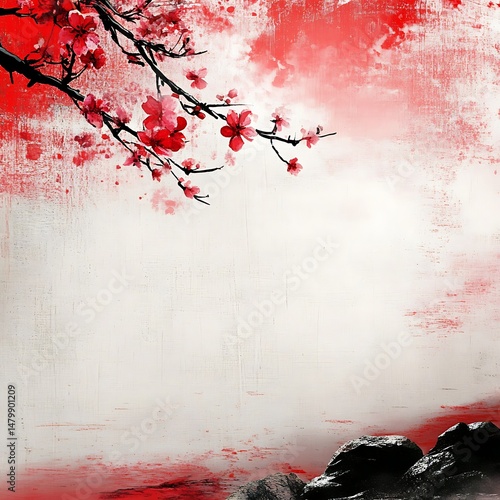 Red cherry blossoms on a textured background