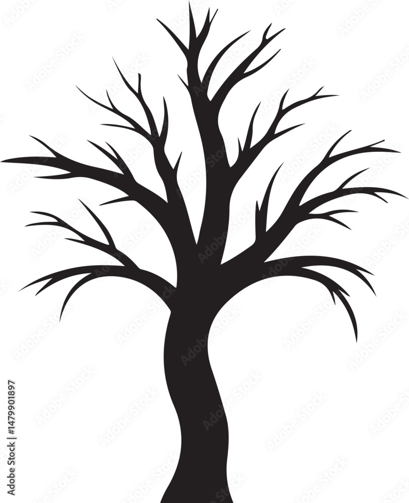 Fototapeta premium A black tree silhouette vector art of nature shows a bare branch design, a winter symbol of plant life