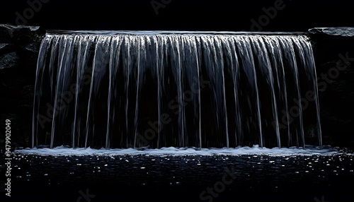 A nocturnal waterfall cascading over dark rocks.