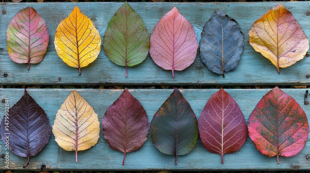 Autumn leaves arranged in rainbow hues on weathered wood Autumn leaves arranged in rainbow hues on weathered wood