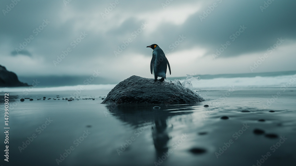 Obraz premium AI generator image of Lost Antarctic Emperor Penguin Washed Ashore,Lost Penguins Arrive on Ocean Beach