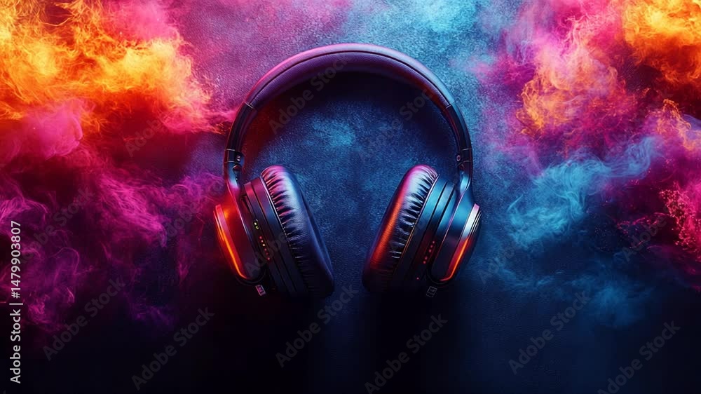 Vibrant headphones surrounded by colorful smoke effects in dark space Vibrant headphones surrounded by colorful smoke effects in dark space