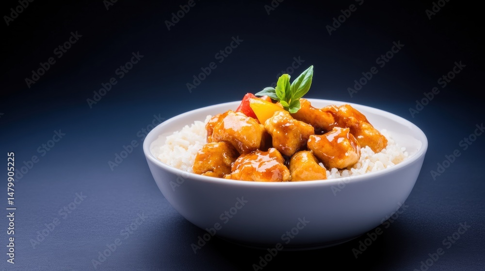 Bowl of savory chicken curry served over white rice garnished with fresh basil leaf on dark background Bowl of savory chicken curry served over white rice garnished with fresh basil leaf on dark background