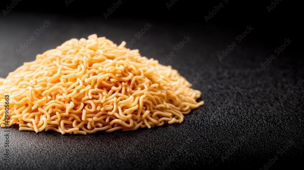 Fototapeta premium Close-up of uncooked dry instant ramen noodles on black surface with detailed texture and golden color, emphasizing food preparation and snack ingredients
