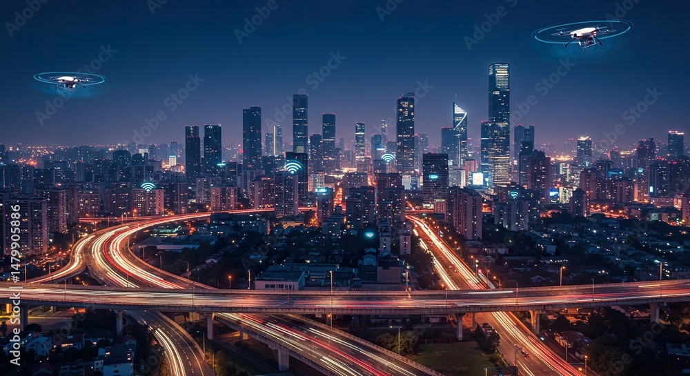 Fototapeta premium Futuristic city skyline with drones and highway traffic at night scene