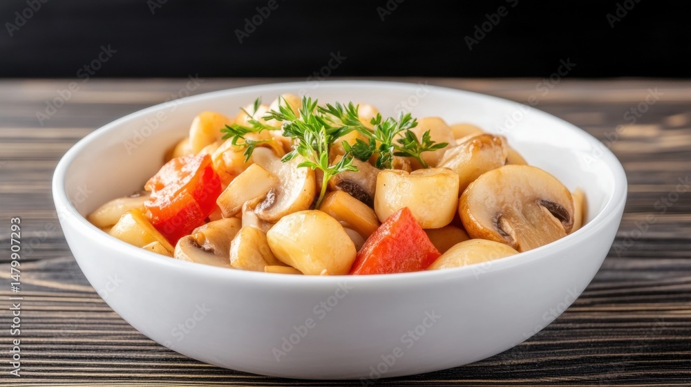Freshly prepared hearty vegetable and chickpea stew with mushrooms carrots and herbs served in a white bowl on wooden surface perfect for healthy meals Freshly prepared hearty vegetable and chickpea stew with mushrooms carrots and herbs served in a white bowl on wooden surface perfect for healthy meals