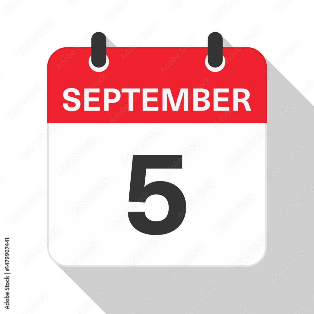 September 5 Daily Calendar. Red Theme on White Background September 5 Daily Calendar. Red Theme on White Background
