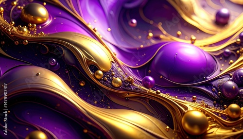 Abstract Waves Of Purple And Gold Fluid Shapes With Shimmering Highlights And Depth