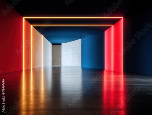 Neon-lit geometric corridor with colorful reflections
