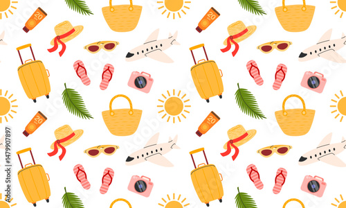 Summer vacation seamless pattern. Plane and other journey or trip icon. Flight and travel to sea. Beach summer background. Luggage, airplane, suitcase, camera. Hand drawn vector illustration