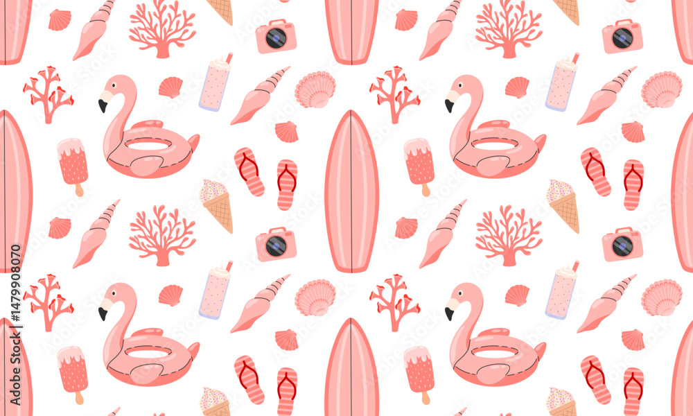 Naklejka premium Cute pink beach seamless pattern. Summer background. Tropical vacation. Travel, beach, summertime accessory. Hand drawn vector illustration