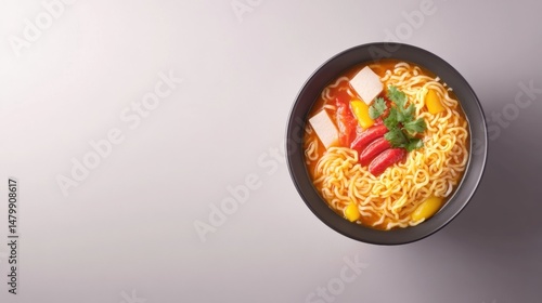 Delicious bowl of instant ramen noodles with colorful vegetables and garnishes in a black bowl on a plain white background eye-catching and appetizing meal concept
