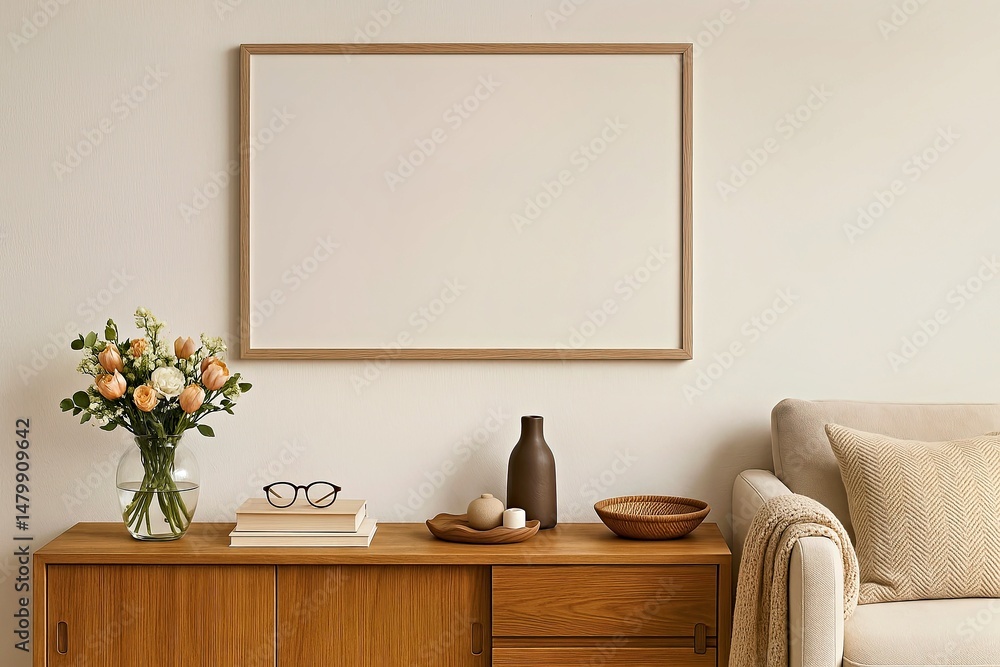 Obraz premium Living Room Interior Cozy Stylish Mockup Poster Wooden Console