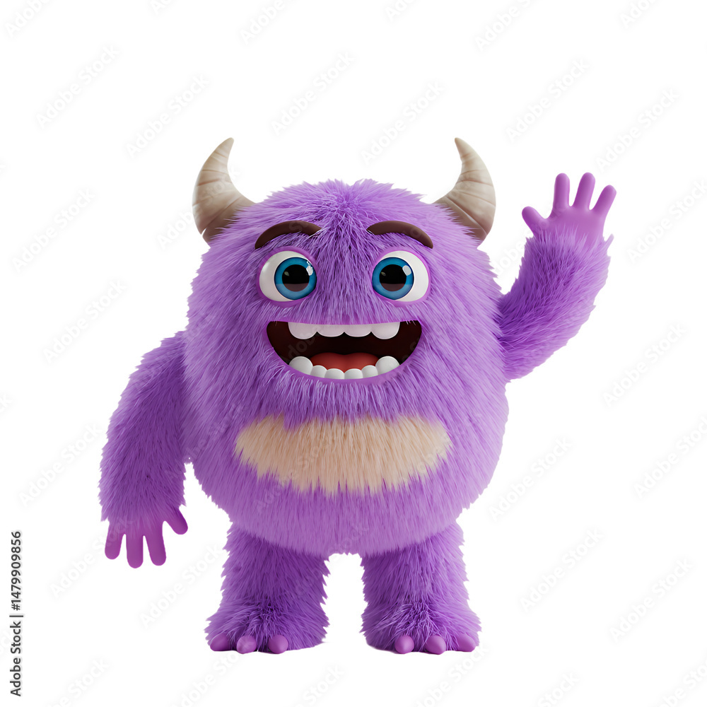 Fototapeta premium Adorable Purple Furry Monster Waving Hello A Friendly 3D Rendered Cartoon Creature