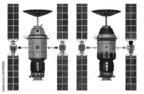 Silhouette Set of Space Satellites with Solar Panels