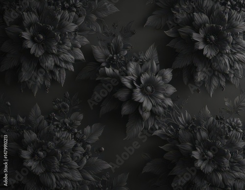 Intricate black charcoal floral wallpaper, elegant texture , shadow, modern, elegant